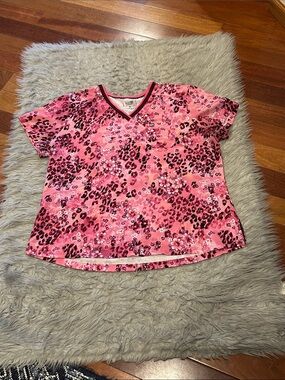 Koi Next Gen Pink Floral & Leopard Print V-Neck Srub Top